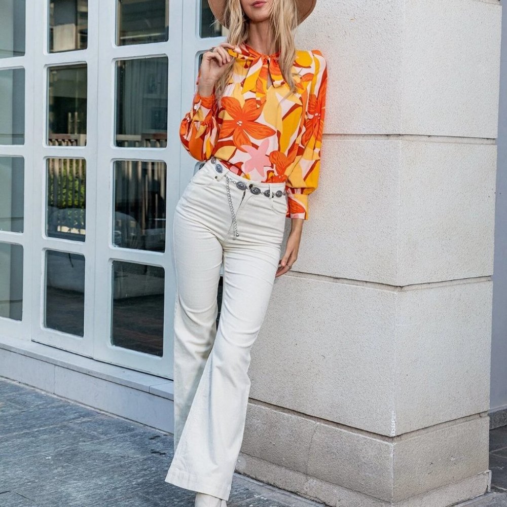 Fall Vibes Colorful floral Long Bishop Sleeve Blouse Top Orange - Picture 4 of 5